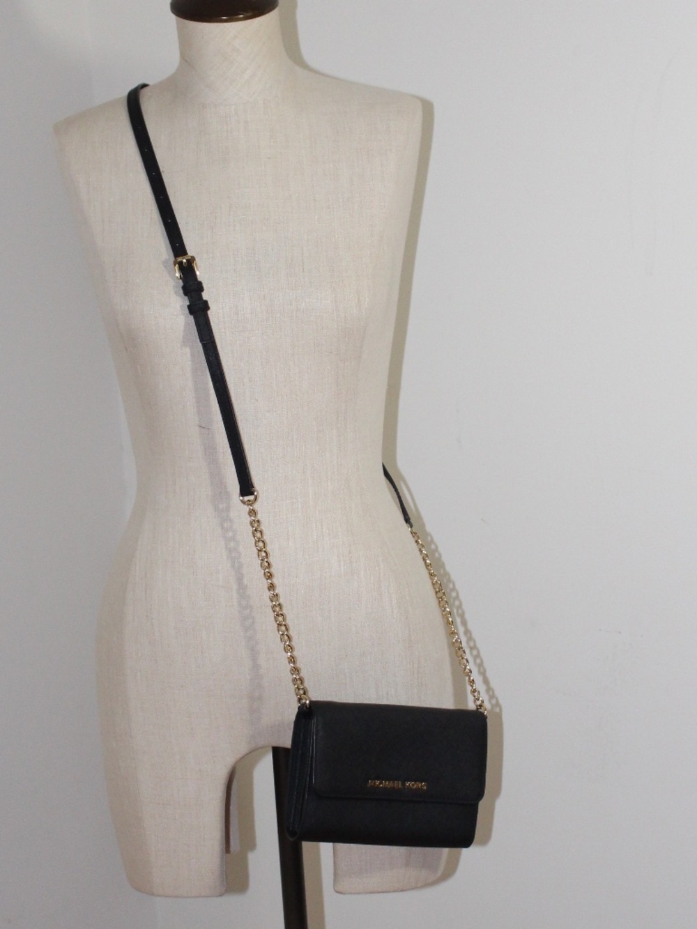 Michael Kors, Black Leather Crossbody with Gold Chain Strap can also be a wallet